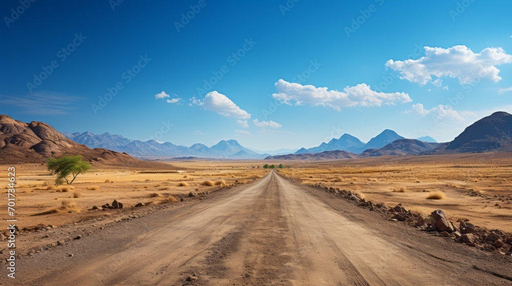 Empty long road. Blue sky and mountains on the background.