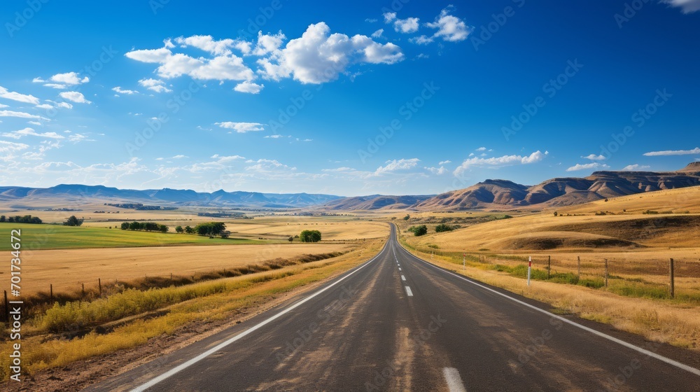 Fototapeta premium Empty long road. Blue sky and mountains on the background.