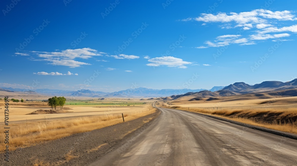 Empty long road. Blue sky and mountains on the background.