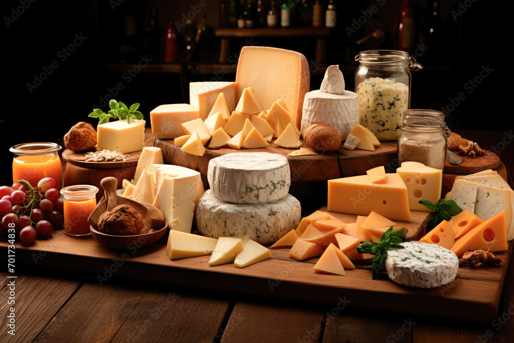 Different types, assorted cheeses on a wooden board