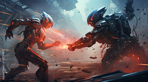 Sci-fi scene showing fight of two futuristic warrior