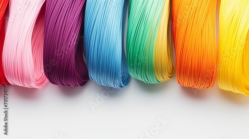 Threads that are colorful and on a white surface