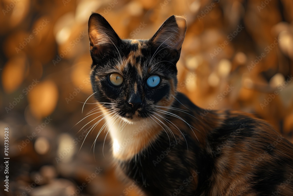 


hree-colored cat with different colored eyes.
