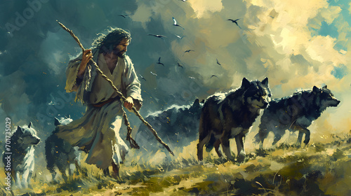 Jesus Christ, good shepherd fighting the wolves at green grazing photo