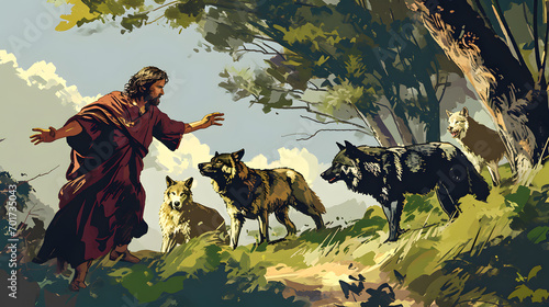 Jesus Christ, good shepherd fighting the wolves at green grazing photo