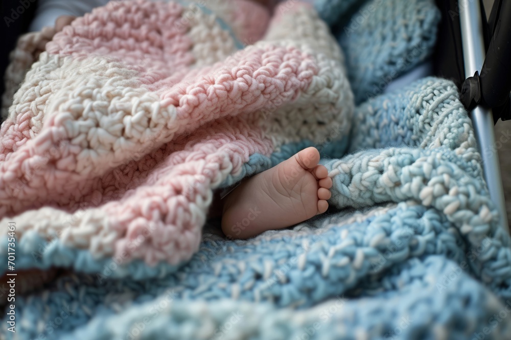 A baby covered with a warm blanket, with legs peeking out from under the blanket. A baby covered with a warm blanket, with legs peeking out from under the blanket.