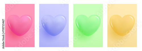 3d glossy hearts. Set of soft color gradient backgrounds with 3d heart shapes for wedding invitations and Happy Valentine's Day holiday greetings. Love symbol collection. Vector illustration.