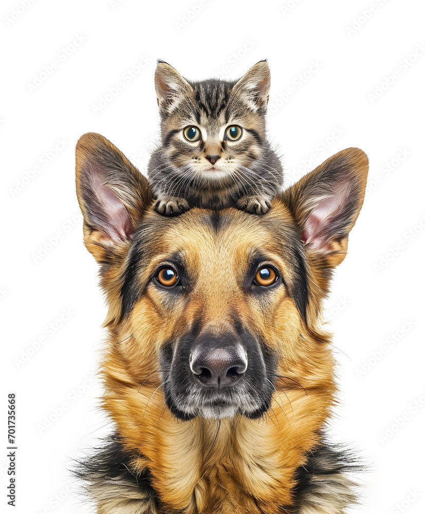 Portrait of a cute cat on the adorable pet dog. Concept of national pet day.