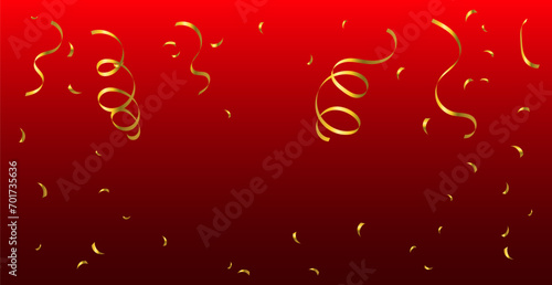 Golden Tiny Confetti And Streamer Ribbon Falling On Red Background. Chinese New Year. Vector