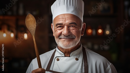 A picture of a professional old chef wearing a uniform and holding a kitchen spatula and tongs.