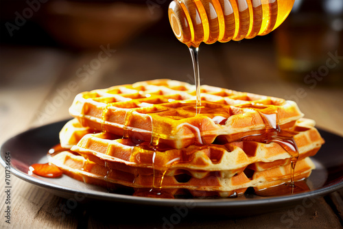 perfect waffles with honey drizzling on top. breakfast concept. AI generated