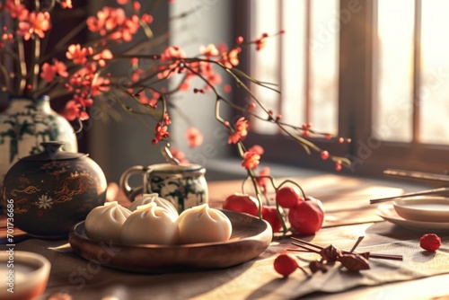 Chinese New Year scene, daytime, Chinese dumplings, wooden tabletop, red persimmons, spring scrolls, close-up, round and lovely photo