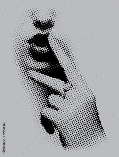 Collage, vector illustration grunge banner. A woman's facial expression with a finger placed on her lips, a thoughtful and contemplative gesture.