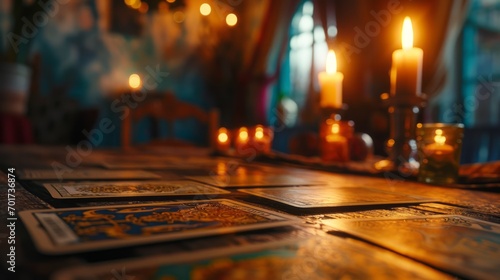 tarot cards on table with candles, fortune teller, Close-up, Concept of divination, future, prediction photo
