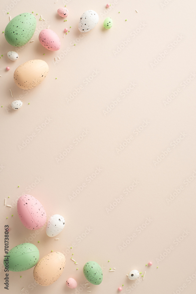 Spring Celebration Arrangement: Overhead vertical shot of vibrant Easter eggs and sugar sprinkles confetti on a soft pastel backdrop—ideal for greeting text or advertisements