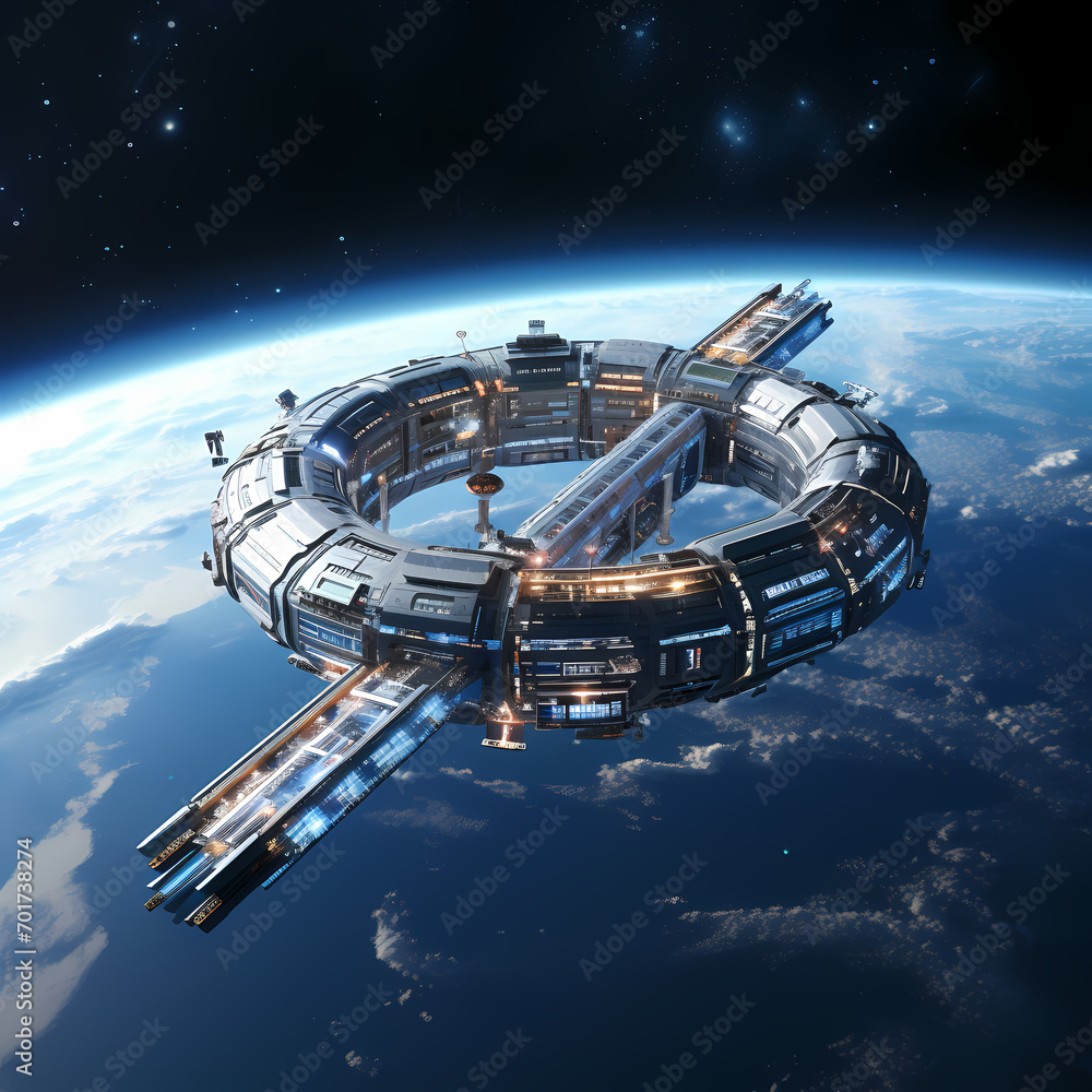 A futuristic space station in orbit around a planet.