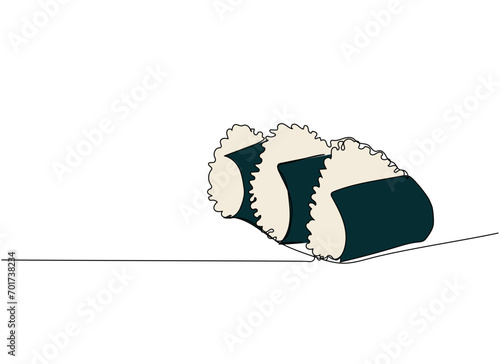 Sushi, Onigiri, Japanese Rice Balls one line art. Continuous line drawing of sushi, japanese, food, roll, culture, tasty, restaurant, japan, asian, sea, menu