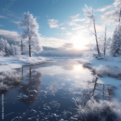 A serene winter scene with a frozen lake and snow-covered trees. © Cao