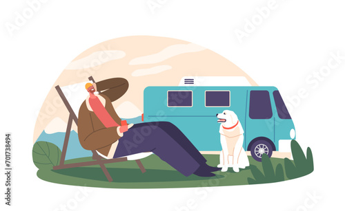 Man And His Dog Enjoy A Leisurely Weekend Outdoors, Relaxing On A Daybed. Basking In The Sunlight, Vector Illustration