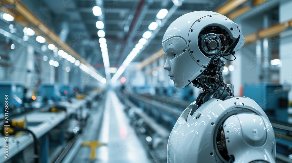 portrait of humanoid ai worker robot in factory warehouse production portrait of humanoid ai worker robot in factory warehouse production