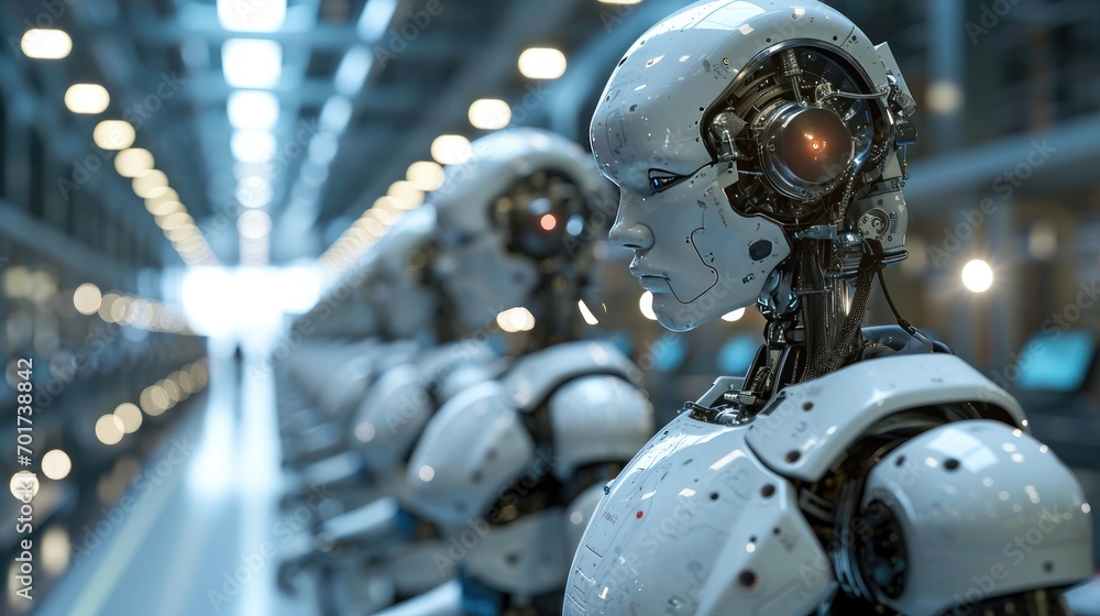 portrait of humanoid ai worker robot in factory warehouse production portrait of humanoid ai worker robot in factory warehouse production