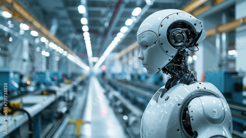 portrait of humanoid ai worker robot in factory warehouse production