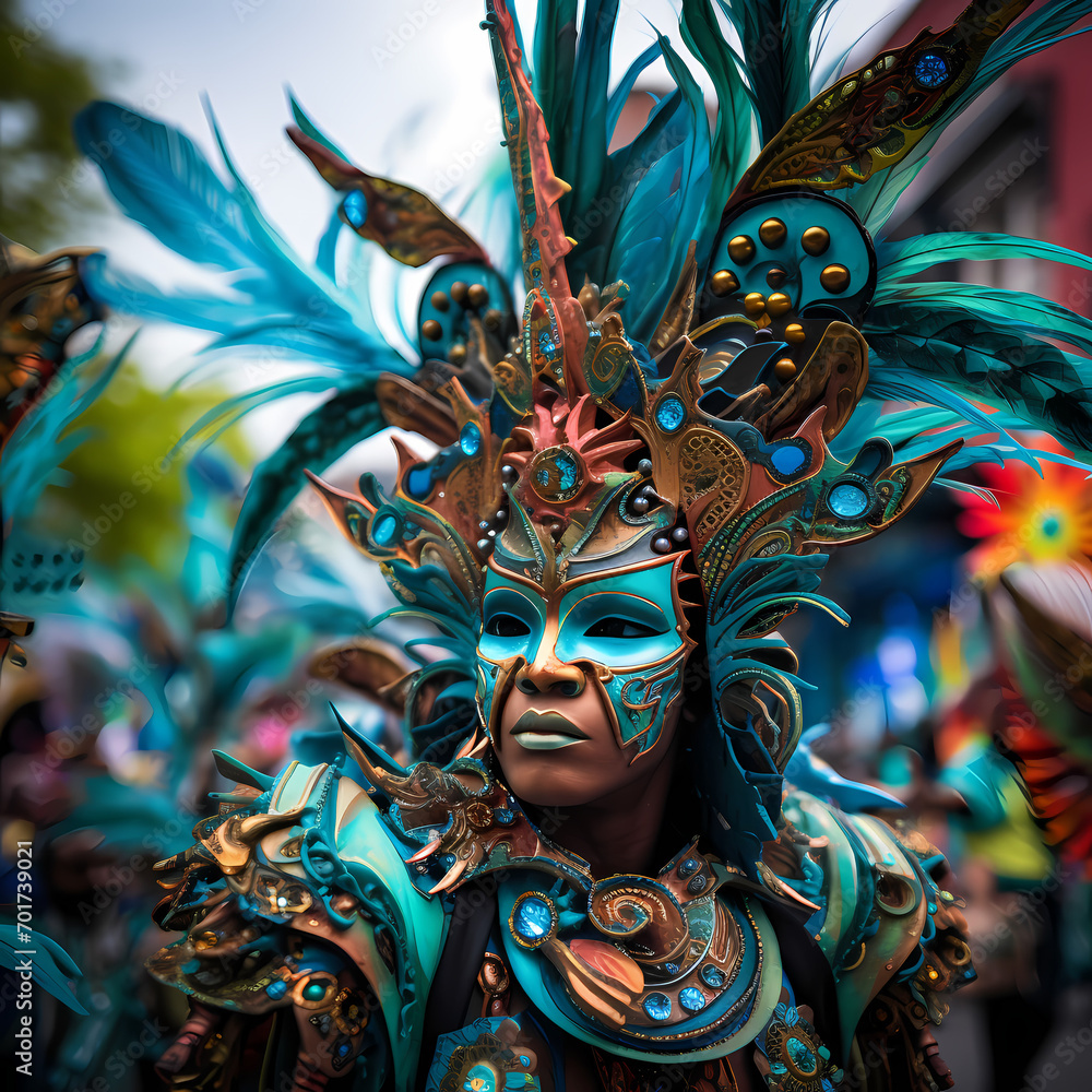 A vibrant street parade with elaborate costumes.