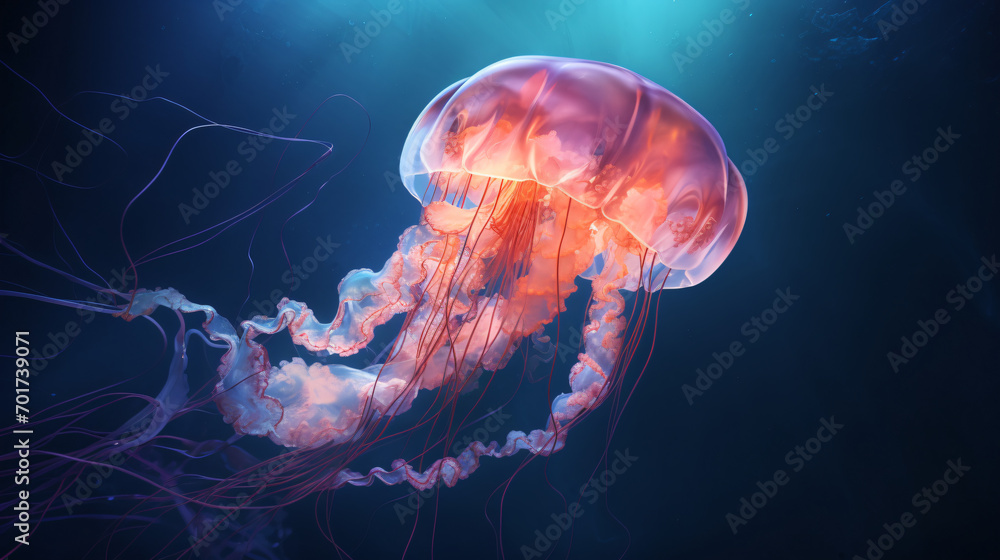 The glowing jellyfish on the deep sea