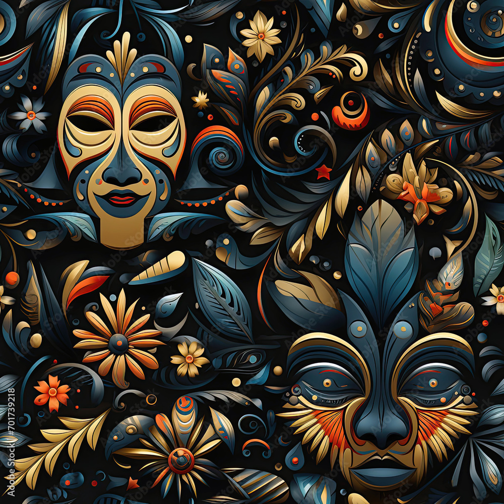 festive seamless pattern with colorful carnival masks for holiday on black background