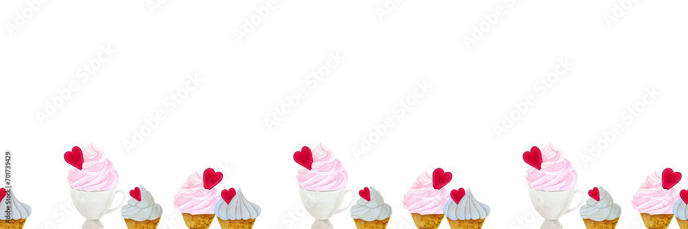 banner of hand drawn watercolor cakes, romantic dessert with cream. banner of hand drawn watercolor cakes, romantic dessert with cream.