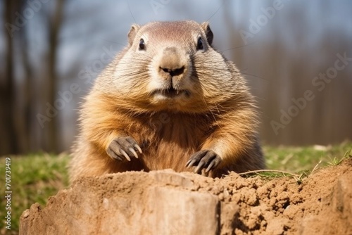 Marmota monax, groundhog known from movie groundhog day with punxsutawney phil for weather forecast  photo