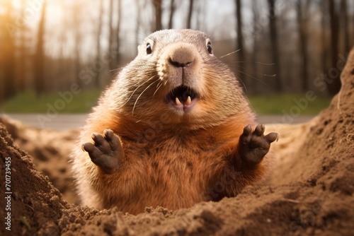 Marmota monax, groundhog known from movie groundhog day with punxsutawney phil for weather forecast  photo