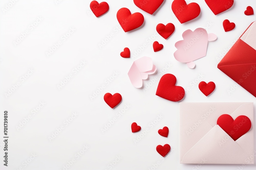 Valentine day holiday background with envelope, paper card and various red hearts for love romantic message. Flat lay style
