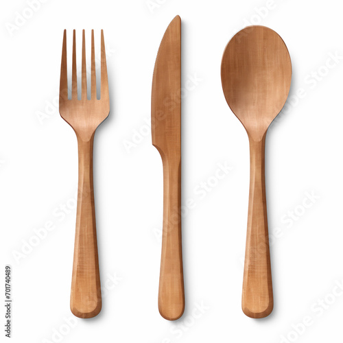 wooden spoon and fork with knife on isolate transparency background, PNG