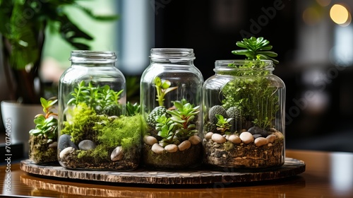 The table has plants for a terrarium garden