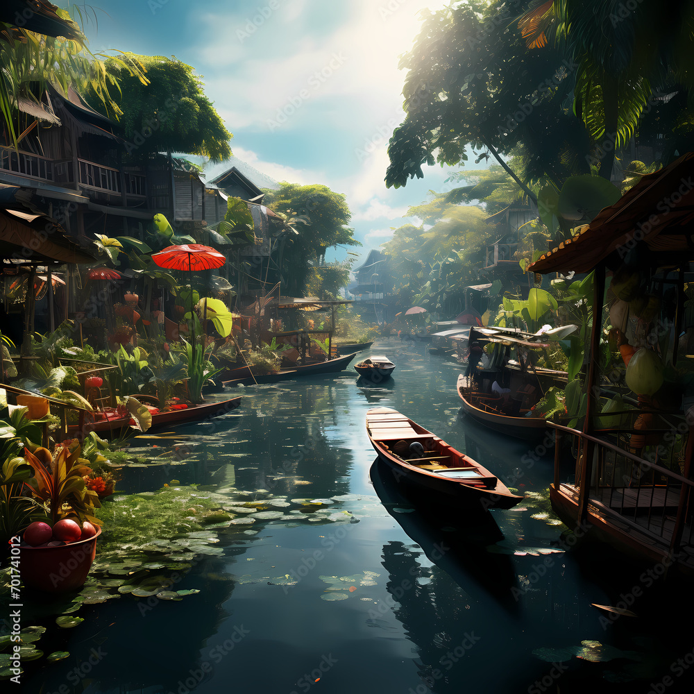 A floating market in a tropical paradise.