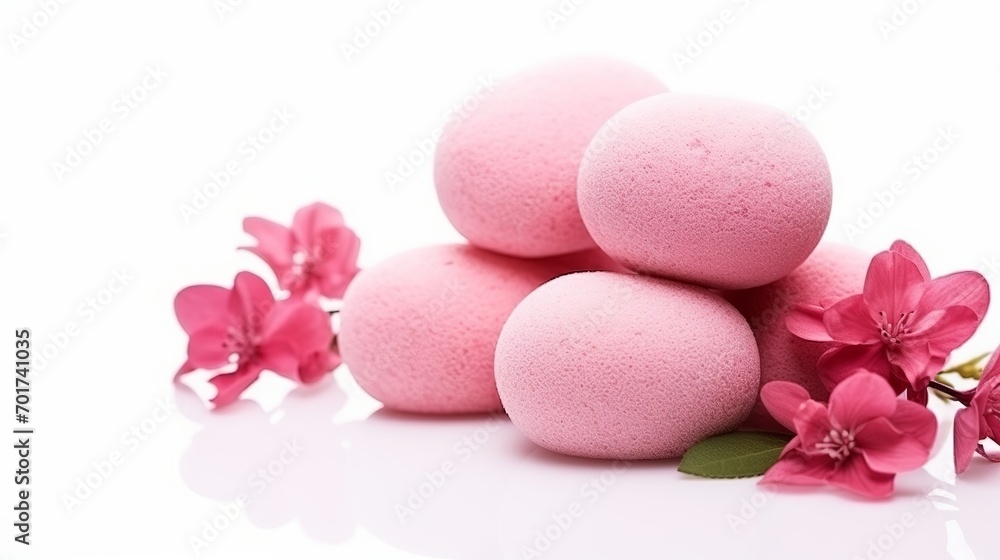 White background has a white spa stone with pink loofah and copy space for text.