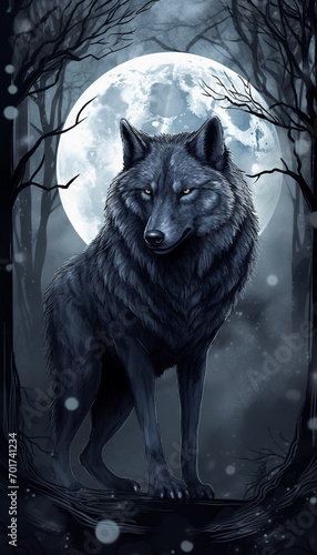 The wolf against the background of the full moon