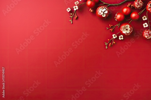 Chinese new year decoration on red background, flat lay , copy space - generative ai © Nia™