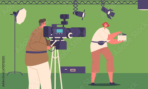 Crew Characters with Clapperboard and Camera in A Film Studio, Engage in Movie Filming Process, Capturing Scenes