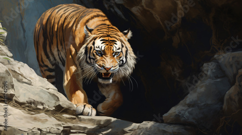 Tiger stalking in narrow rock