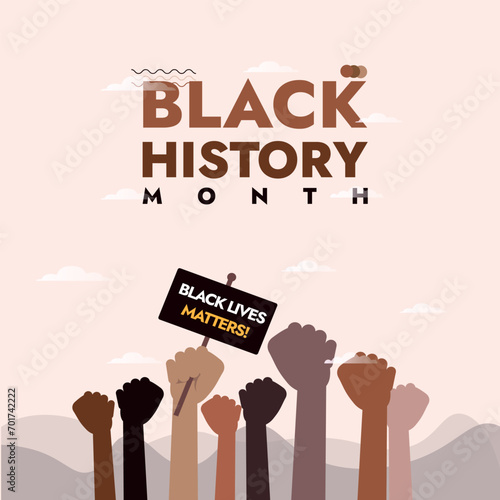 Black history month with different black people hands holding signs of black lives matters. Social Media poster, card, celebration wish in Vector Illustration. Black People Rights. Diversity 2024 photo
