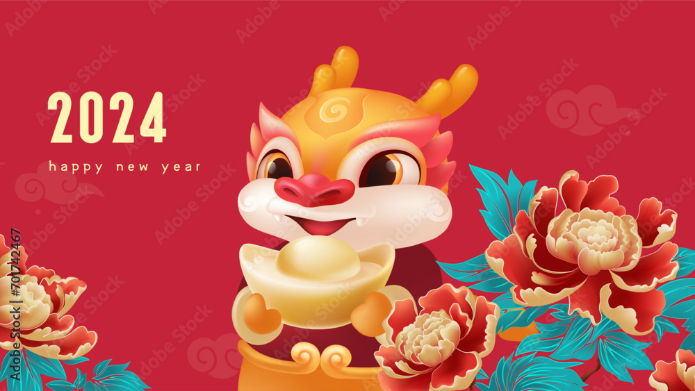 Naklejka premium Spring Festival background design lovely dragon and rich peony