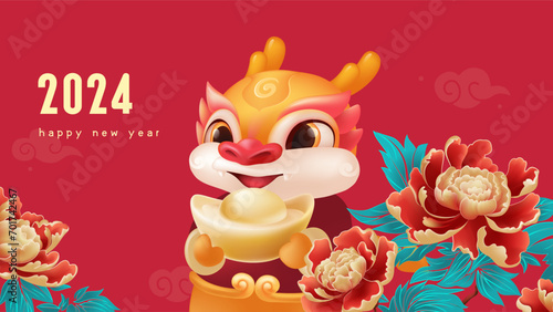 Spring Festival background design lovely dragon and rich peony