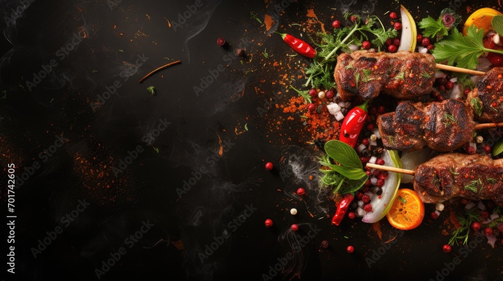 Kebab with flying ingredients and spices hot ready to serve and eat. Food commercial advertisement. Menu banner with copy space area. Grill food - obrazy, fototapety, plakaty 