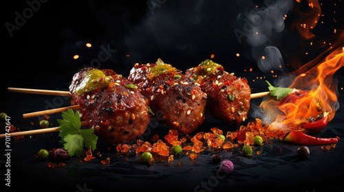 Kebab with flying ingredients and spices hot ready to serve and eat. Food commercial advertisement. Menu banner with copy space area. Grill food