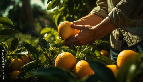 Recreation of hands farmer taking oranges in a plantation photo