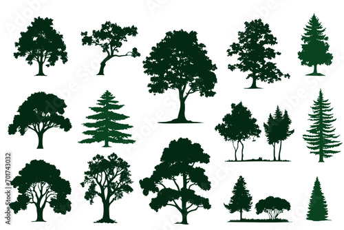 Silhouette tree drawing set, Side view, sketch set of graphics trees elements outline symbol for architecture and landscape design drawing. photo