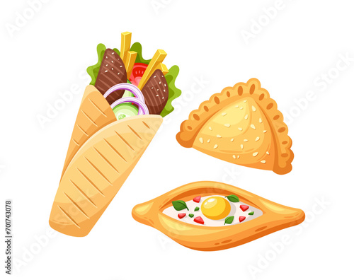Khachapuri, A Georgian Delight, Featuring A Boat-shaped Bread Filled With Melted Cheese, Eggs, And Butter, Shawarma