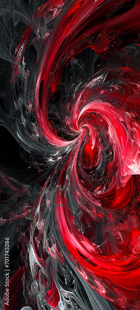 A phone wallpaper showing a red and black swirled design on a dark background, in the style of technological fusion, light silver and pink, abstraction creation, contemporary frescoes